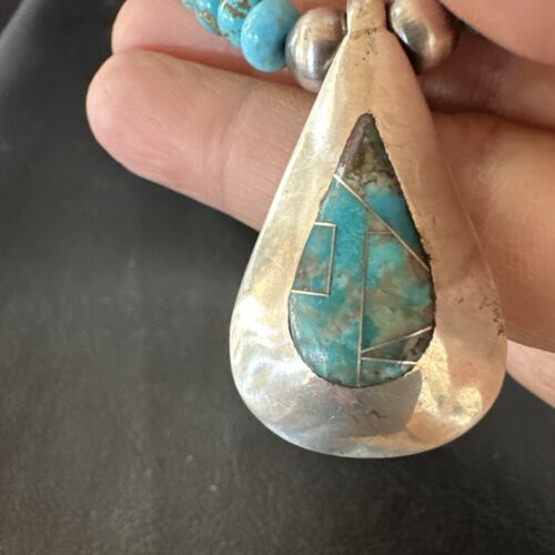 Navajo Blue Spiderweb Turquoise Inlay Pendant Necklace | Sterling Silver | Authentic Native American Handmade | 17120