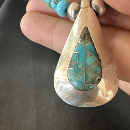 Navajo Blue Spiderweb Turquoise Inlay Pendant Necklace | Sterling Silver | Authentic Native American Handmade | 17120