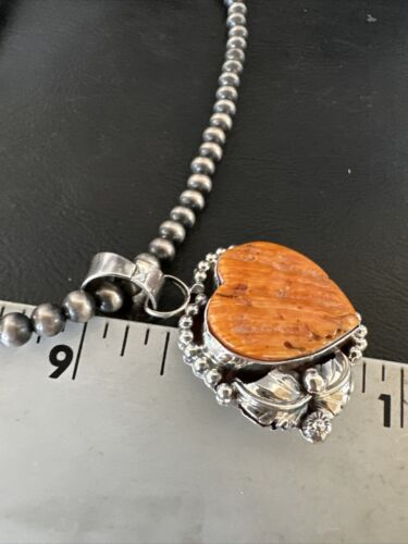 Navajo Orange Spiny Oyster Heart Pendant Necklace | Sterling Silver | Authentic Native American Handmade | 16416