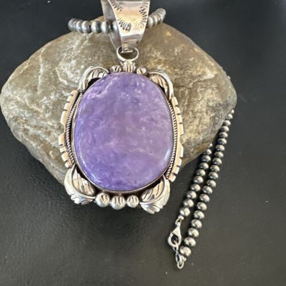 Navajo Purple Charoite Pendant with Pearls | Sterling Silver Necklace | Authentic Native American Handmade | 16653