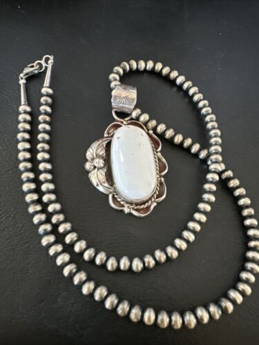 Navajo White Buffalo Turquoise Pendant Necklace | Sterling Silver | Authentic Native American Handmade | 15615
