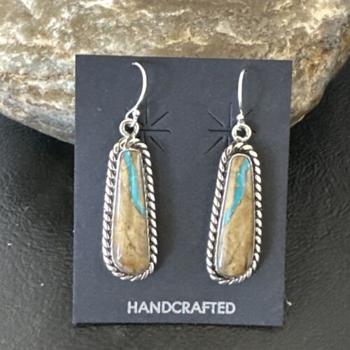 Navajo Blue Boulder Turquoise Dangle Earrings | Sterling Silver | Authentic Native American Handmade | 16498
