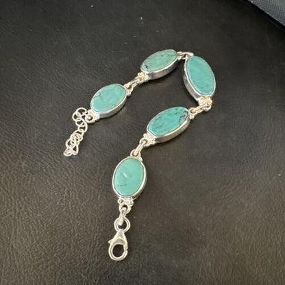 Navajo Blue Turquoise Link Bracelet | Sterling Silver | 8" | Authentic Native American Handmade | 15469