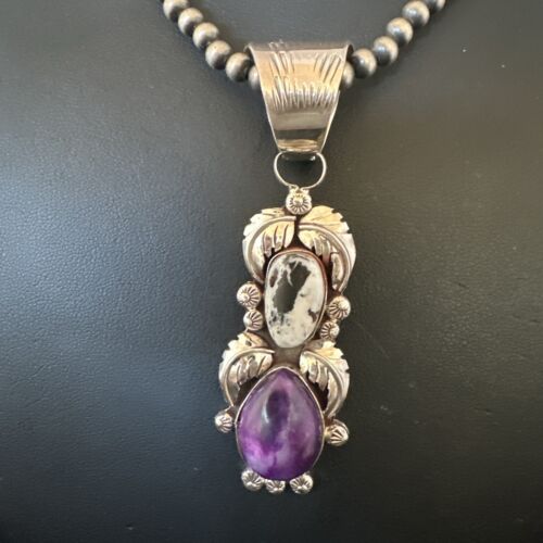 White Buffalo Turquoise & Sugilite Pendant | Navajo Pearls | Sterling Silver | Native American Handmade | 16870