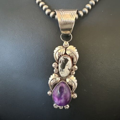 White Buffalo Turquoise & Sugilite Pendant | Navajo Pearls | Sterling Silver | Native American Handmade | 16870