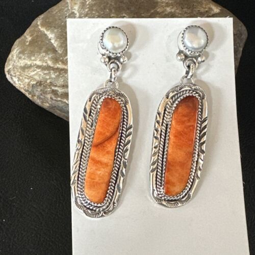 Navajo Red Spiny Oyster Pearl Dangle Earrings | Sterling Silver | Authentic Native American Handmade | 15325