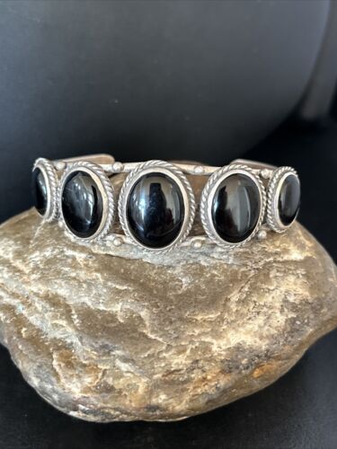 Navajo Sterling Silver Cuff Bracelet | Black Onyx 5 Stone | Authentic Native American Handmade | 14519
