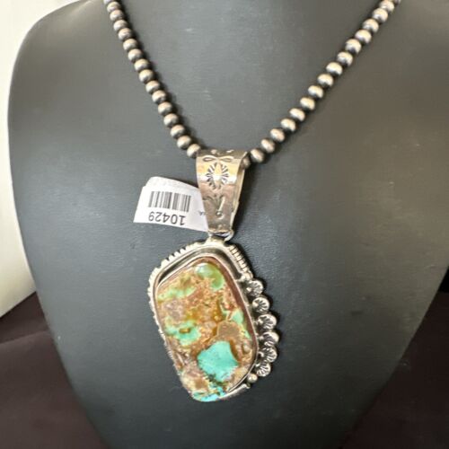 Men's Navajo Blue Green Royston Turquoise Pendant Necklace | Sterling Silver | Native American Handmade | 10429
