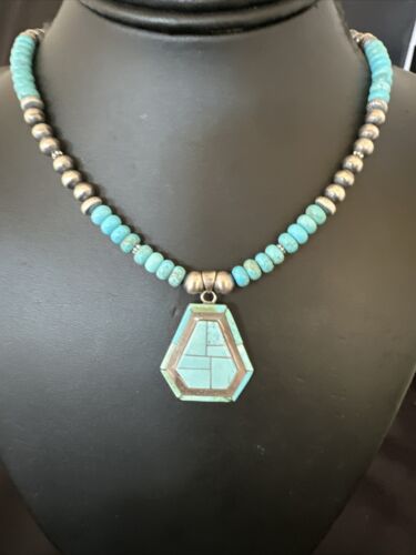 Navajo Turquoise Inlay Pendant Necklace | Sterling Silver | Authentic Native American Handmade | 17077