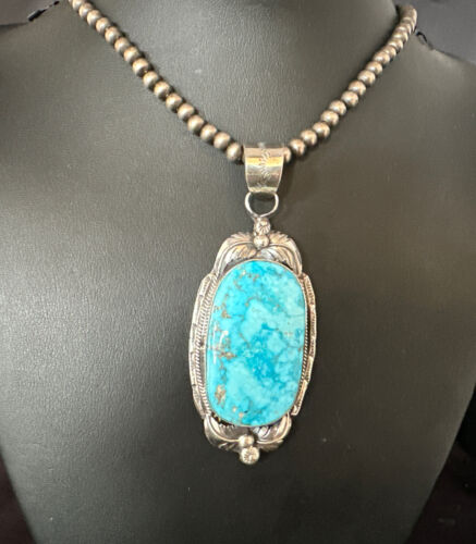 Navajo Blue Kingman Turquoise Pendant Necklace | Sterling Silver | Authentic Native American Handmade | 14861