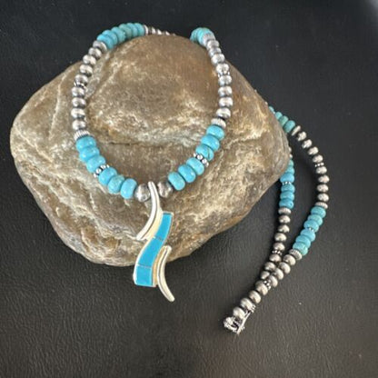 Navajo Blue Turquoise Pendant Necklace | Sterling Silver with Pearls | Authentic Native American Handmade | 15376