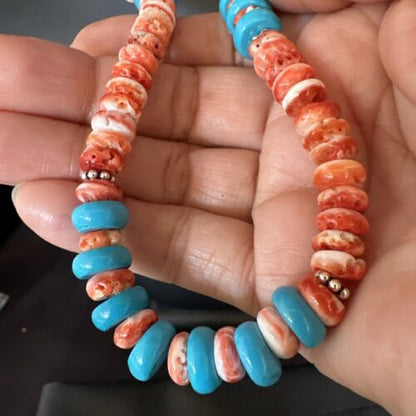 Women's Turquoise Spiny Oyster Necklace | Navajo Pearl Sterling Silver | Authentic Native American Handmade | 22" | 15057