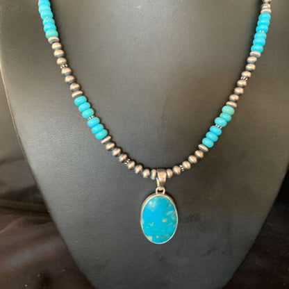 Navajo Blue Turquoise Pendant Necklace | Sterling Silver | Authentic Native American Handmade | 13867