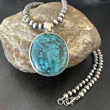 Men's Navajo Blue Spiderweb Turquoise Pendant Necklace | Sterling Silver | Authentic Native American Handmade | 16225