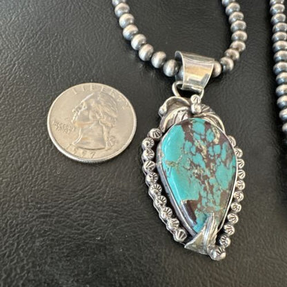 Navajo Blue Turquoise Pendant Necklace | Sterling Silver Pearls | Authentic Native American Handmade | 15642