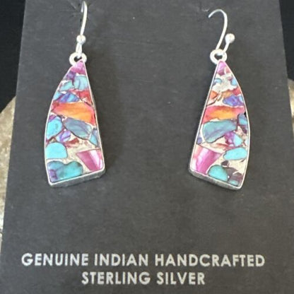 Navajo Blue Turquoise Red Spiny Oyster Inlay Dangle Earrings | Sterling Silver | 15575
