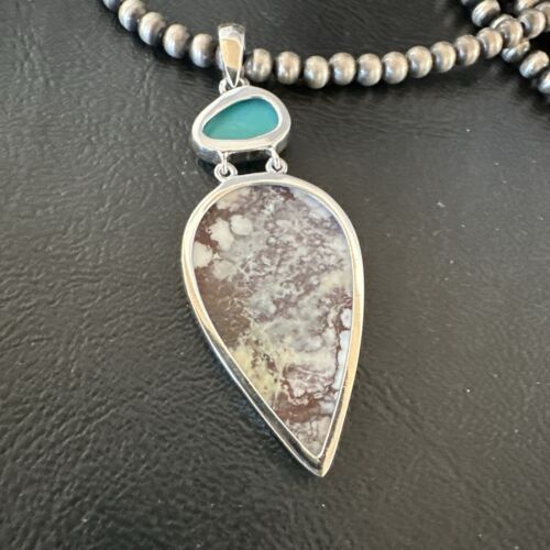 Navajo Wild Horse | Blue Kingman Turquoise Necklace | Sterling Silver | Authentic Native American Handmade | 17304