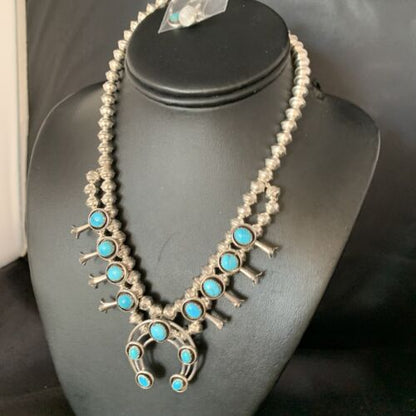 Navajo Kingman Turquoise Shadowbox Squash Blossom Necklace | Sterling Silver | Native American Handmade | 13677