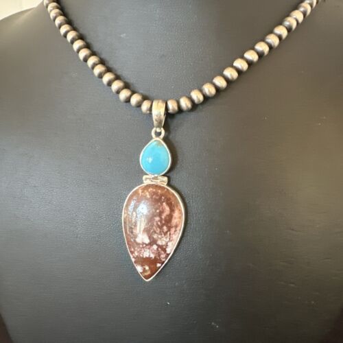 Navajo Wild Horse | Blue Kingman Turquoise Necklace | Sterling Silver | Authentic Native American Handmade | 17311