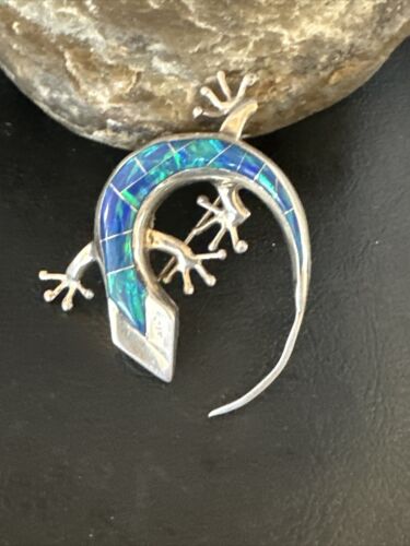 Navajo Blue Opal Lizard Pin Pendant | Inlay Gecko | Sterling Silver | Authentic Native American Handmade | 15194