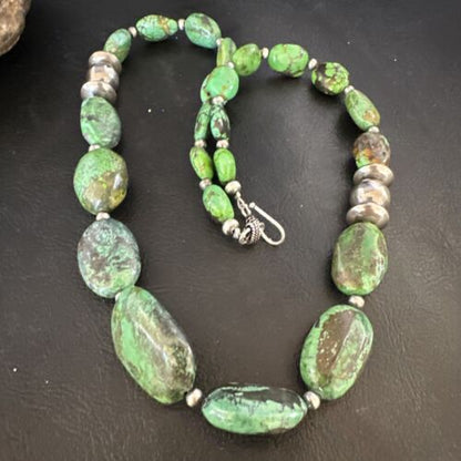 Navajo Green Turquoise Chunky Necklace | Sterling Silver | 21" | Authentic Native American Handmade | 15200