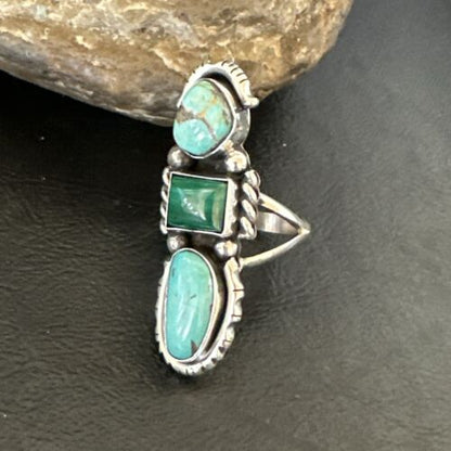 Navajo Blue Turquoise Malachite Cluster Ring | Authentic Native American Sterling Silver | Multi-Stone | Sz 10 | 17643