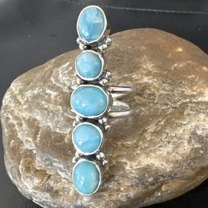 Navajo Women's Cluster Blue Larimar Ring | Authentic Native American Sterling Silver | Multi-Stone | Sz 7.5 | 15953
