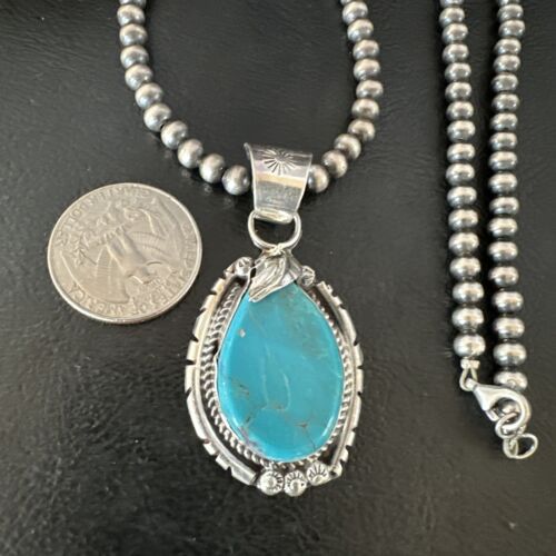 Men's Blue Kingman Turquoise Pendant Necklace | Navajo Pearls | Sterling Silver | 16019