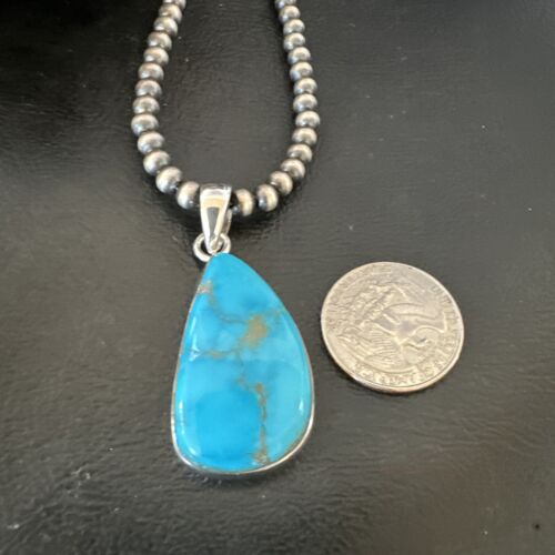 Navajo Blue Kingman Turquoise Pendant with Pearls | Sterling Silver Necklace | 20" | 16702