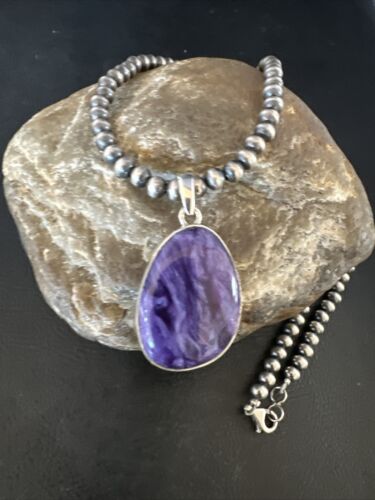 Navajo Pearls Purple Charoite Pendant Necklace | Sterling Silver Beads | Authentic Native American Handmade | 15517