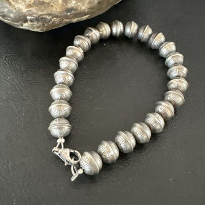 Handmade Stamped Navajo Pearls Bracelet | 8mm Beads | 8" Sterling Silver | Authentic Native American | 17446