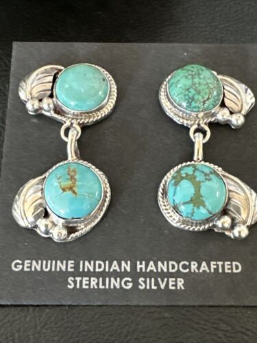 Navajo Blue Green Turquoise Dangle Earrings | Sterling Silver | 1.5" | Authentic Native American Handmade | 17389