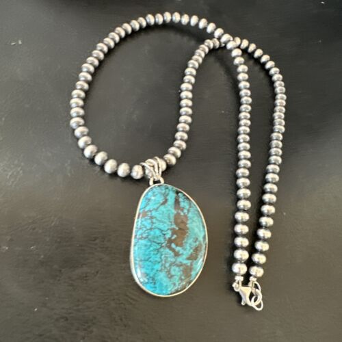 Men's Navajo Blue Spiderweb Turquoise Pendant Necklace | Sterling Silver | Authentic Native American Handmade | 16273