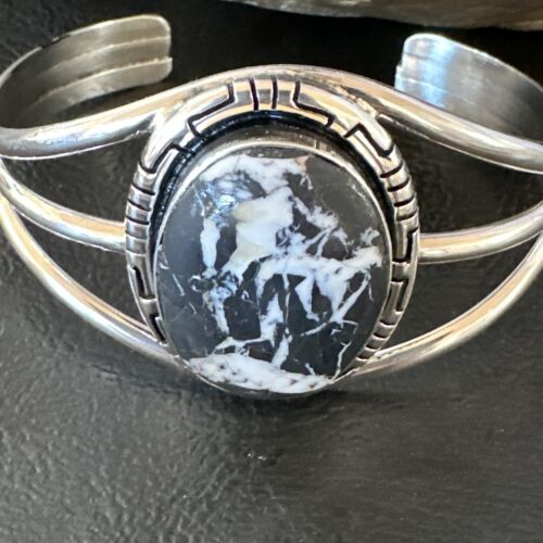 White Buffalo Turquoise Cuff Bracelet | Navajo Sterling Silver | Authentic Native American Handmade | 16250
