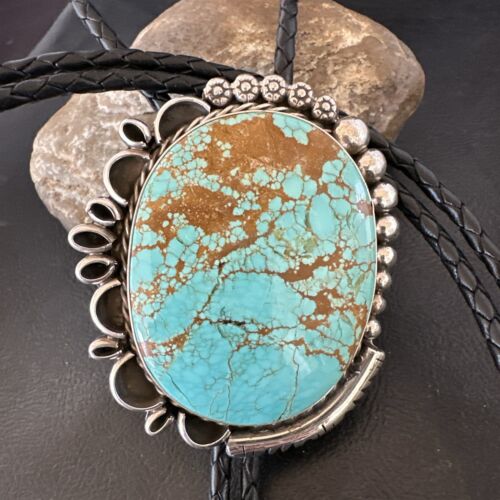 XL Men's Blue Turquoise #8 Bolo Tie | Navajo Sterling Silver | Authentic Native American Handmade | 17006