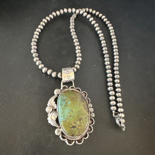 Navajo Green Turquoise Pendant Necklace | Sterling Silver | Authentic Native American Handmade | 15040