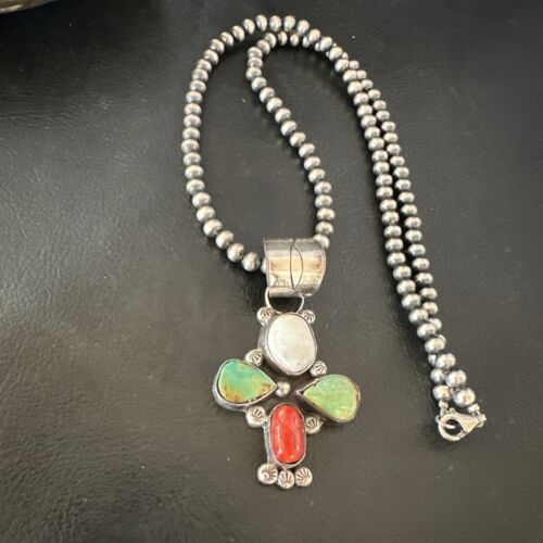 Navajo Green White Turquoise | Coral Pendant Necklace | Sterling Silver | Native American Handmade | 16831