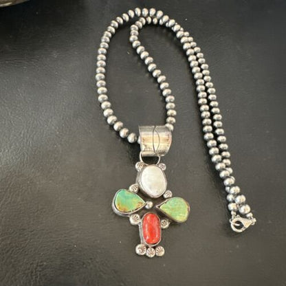 Navajo Green White Turquoise | Coral Pendant Necklace | Sterling Silver | Native American Handmade | 16831