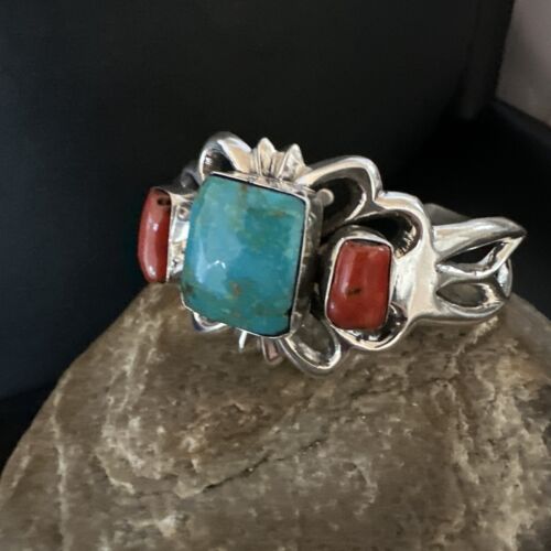 Kingman Turquoise Coral Cuff Bracelet | Navajo Tufa Cast | Sterling Silver | Authentic Native American Handmade | 16779