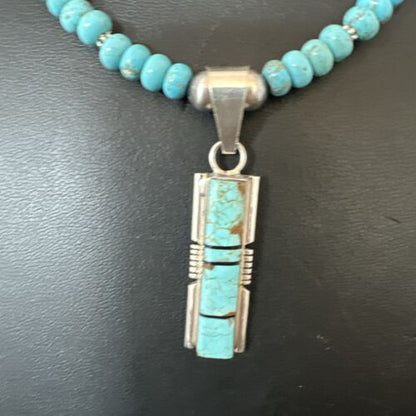 Turquoise #8 Inlay Pendant Necklace | Navajo Sterling Silver | Authentic Native American Handmade | 17057