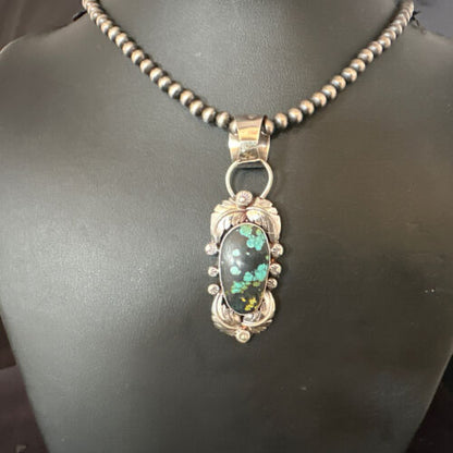 Navajo Blue Spiderweb Turquoise Pendant | Sterling Silver Pearls Necklace | Authentic Native American Handmade | 15092