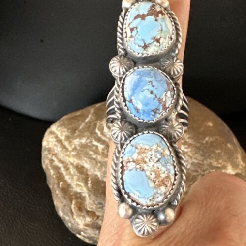 Navajo Green Sonoran Gold Turquoise Multi-Stone Ring | Authentic Native American Sterling Silver | Sz 8 | 16289