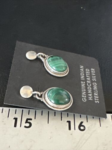 Navajo Green Malachite Dangle Earrings | Sterling Silver | Authentic Native American Handmade | 14922