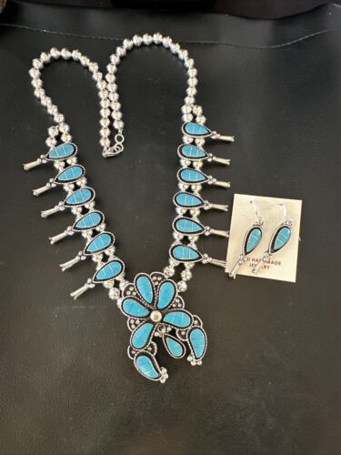 Zuni Kingman Turquoise Inlay Squash Blossom Necklace & Earrings | Sterling Silver | 16544