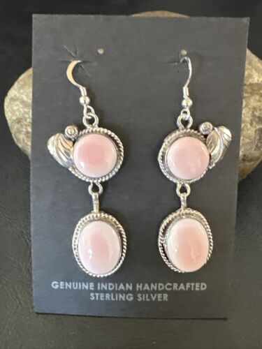 Navajo Pink Conch Shell Dangle Earrings | Sterling Silver | Authentic Native American Handmade | 17194