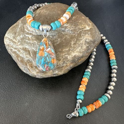 Navajo Spiny Turquoise Pendant Necklace | Sterling Silver | 21" | Authentic Native American Handmade | 17519