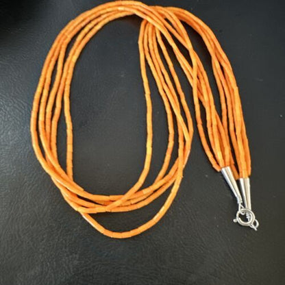 Navajo Orange Coral Tube Heishi Bead Necklace | 5 Strand | Sterling Silver | 20" | 16066