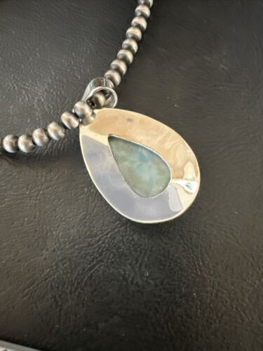 Navajo Blue Larimar Pendant Necklace | Sterling Silver Beads | Authentic Native American Handmade | 17565