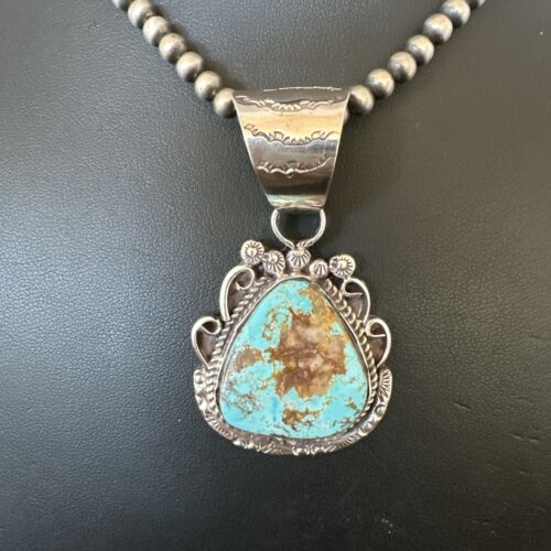 Navajo Royston Turquoise Pendant with Pearls | Sterling Silver Necklace | Authentic Native American Handmade | 17064