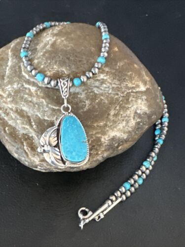 Navajo Pearls Kingman Turquoise Pendant Necklace | Sterling Silver | Authentic Native American Handmade | 14889